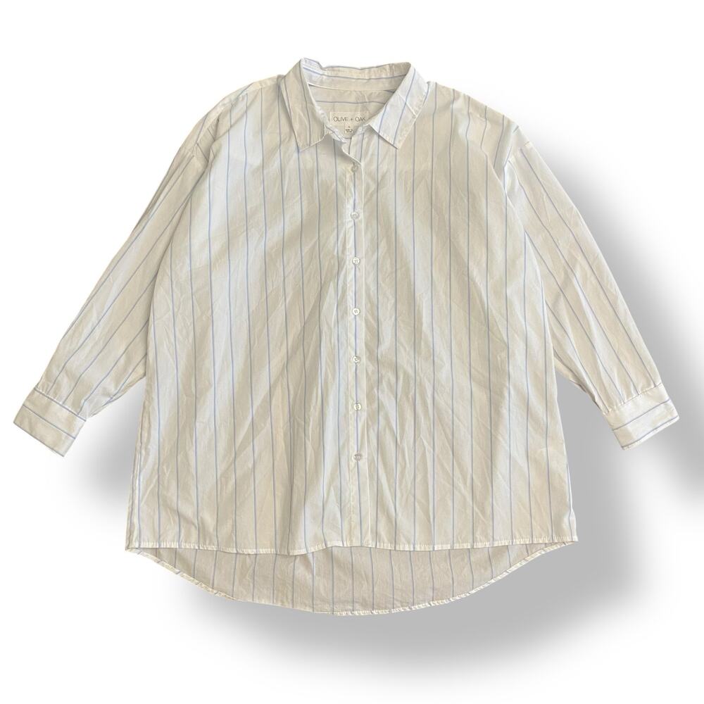 Olive + Oak Shirt L White Blue‎ Pinstripe Button Down Oversized Blouse